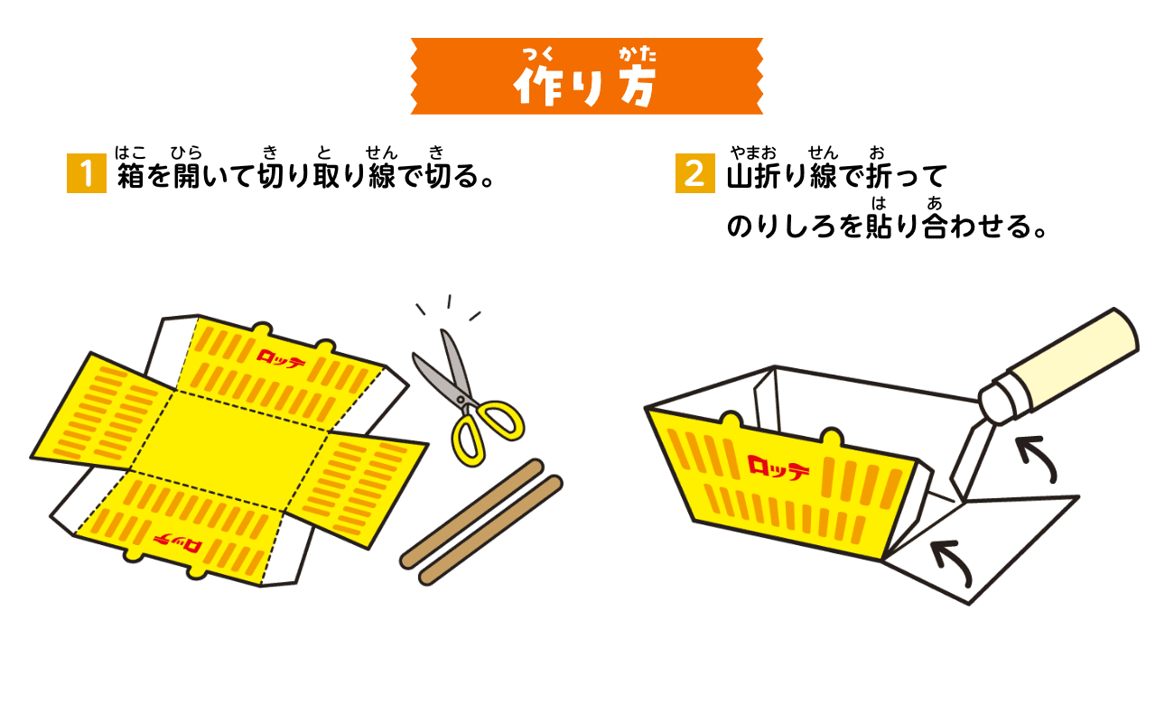 作り方：①箱を開いて切り取り線で切る。②山折り線で折ってのりしろを貼り合わせる。
