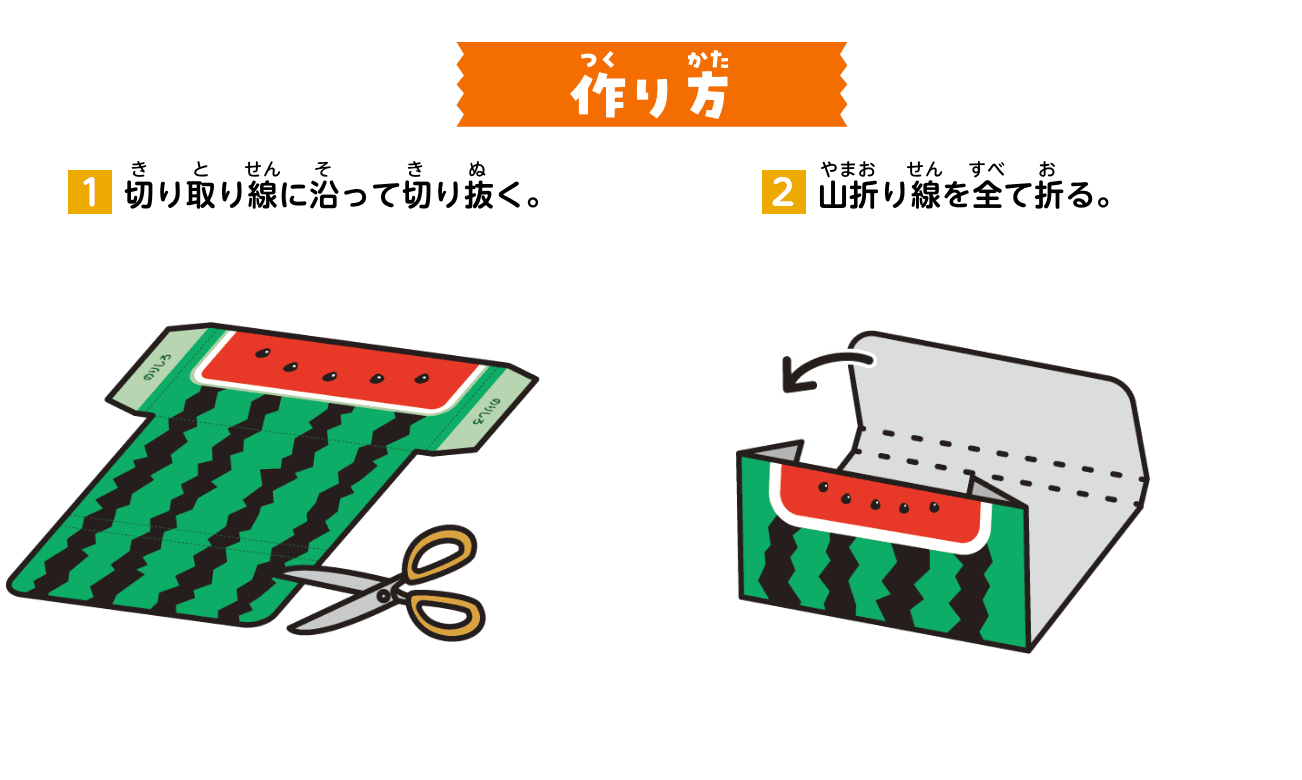 作り方：①切り取り線に沿って切り抜く。②山折り線を全て折る。