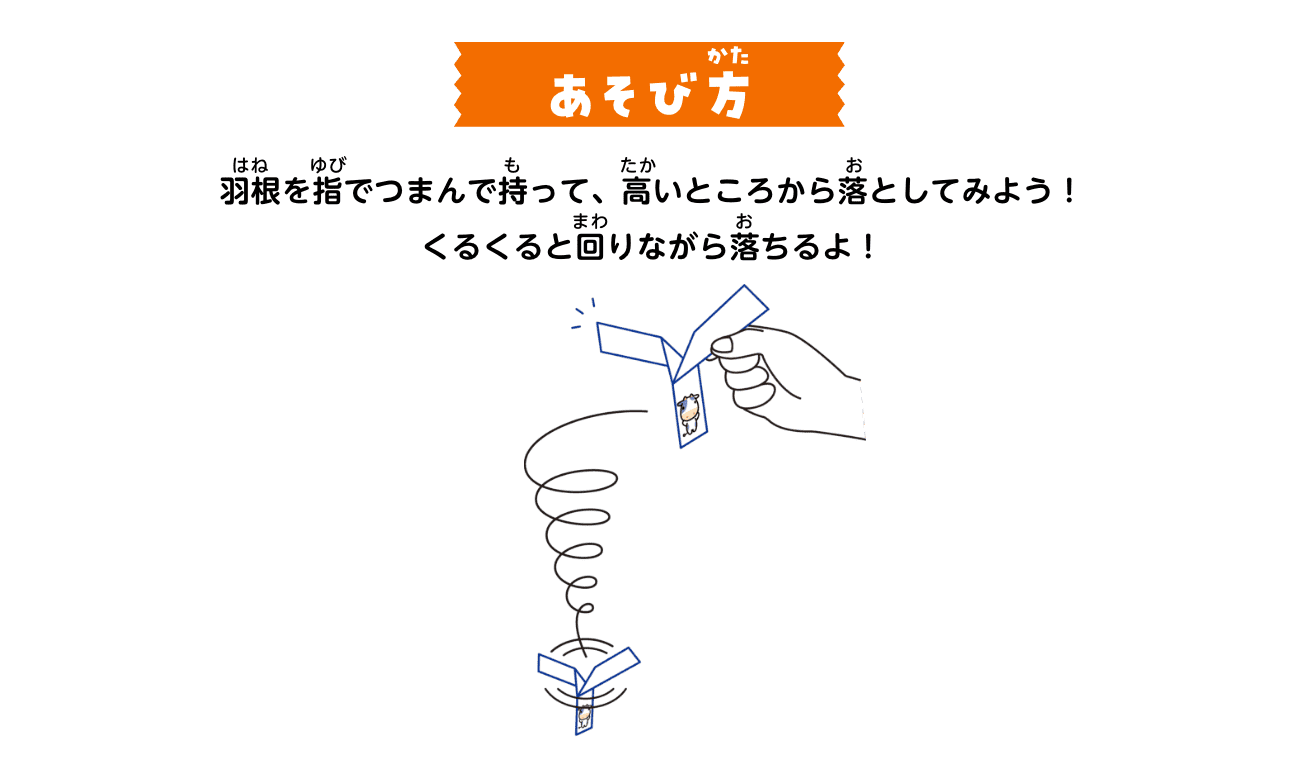 あそび方：羽根を指でつまんで持って、高いところから落としてみよう！くるくると回りながら落ちるよ！
