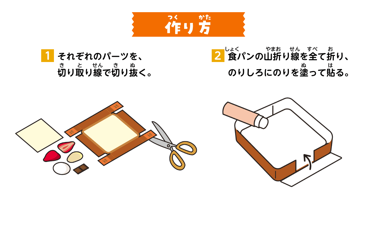 作り方：①それぞれのパーツを、切り取り線で切り抜く。②食パンの山折り線を全て折り、のりしろにのりを塗って貼る。