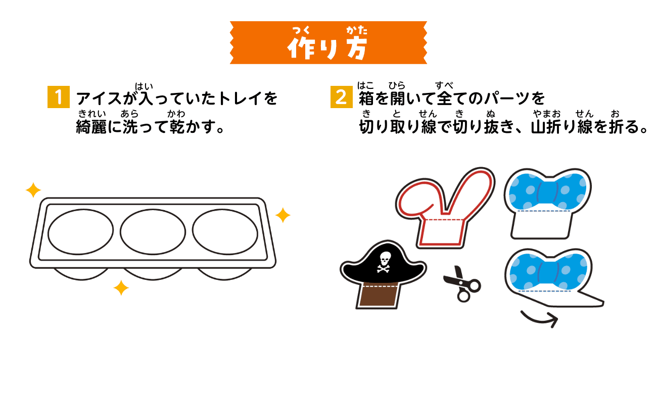作り方：①アイスが入っていたトレイを綺麗に洗って乾かす。②箱を開いて全てのパーツを切り取り線で切り抜き、山折り線を折る。