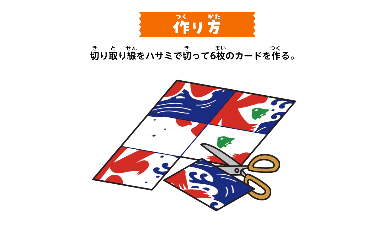 作り方：切り取り線をハサミで切って6枚のカードを作る。