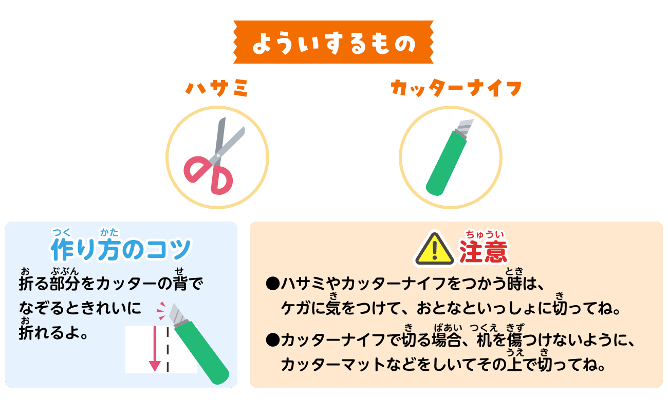 よういするもの：ハサミ・カッターナイフ。作り方のコツ：折る部分をカッターの背でなぞるときれいに折れるよ。注意：ハサミやカッターナイフをつかう時は、ケガに気をつけて、おとなといっしょに切ってね。カッターナイフで切る場合、机を傷つけないように、カッターマットなどをしいてその上で切ってね。