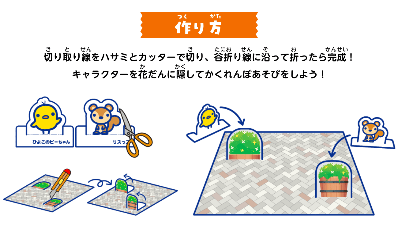 作り方：切り取り線をハサミとカッターで切り、谷折り線に沿って折ったら完成！キャラクターを花だんに隠してかくれんぼあそびをしよう！