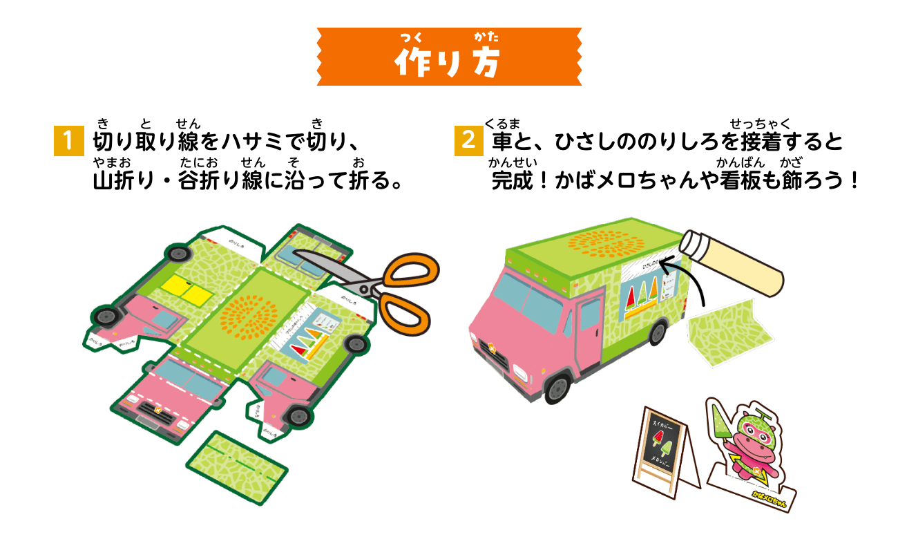 作り方：①切り取り線をハサミで切り、山折り・谷折り線に沿って折る。②車と、ひさしののりしろを接着すると完成！かばメロちゃんや看板も飾ろう！