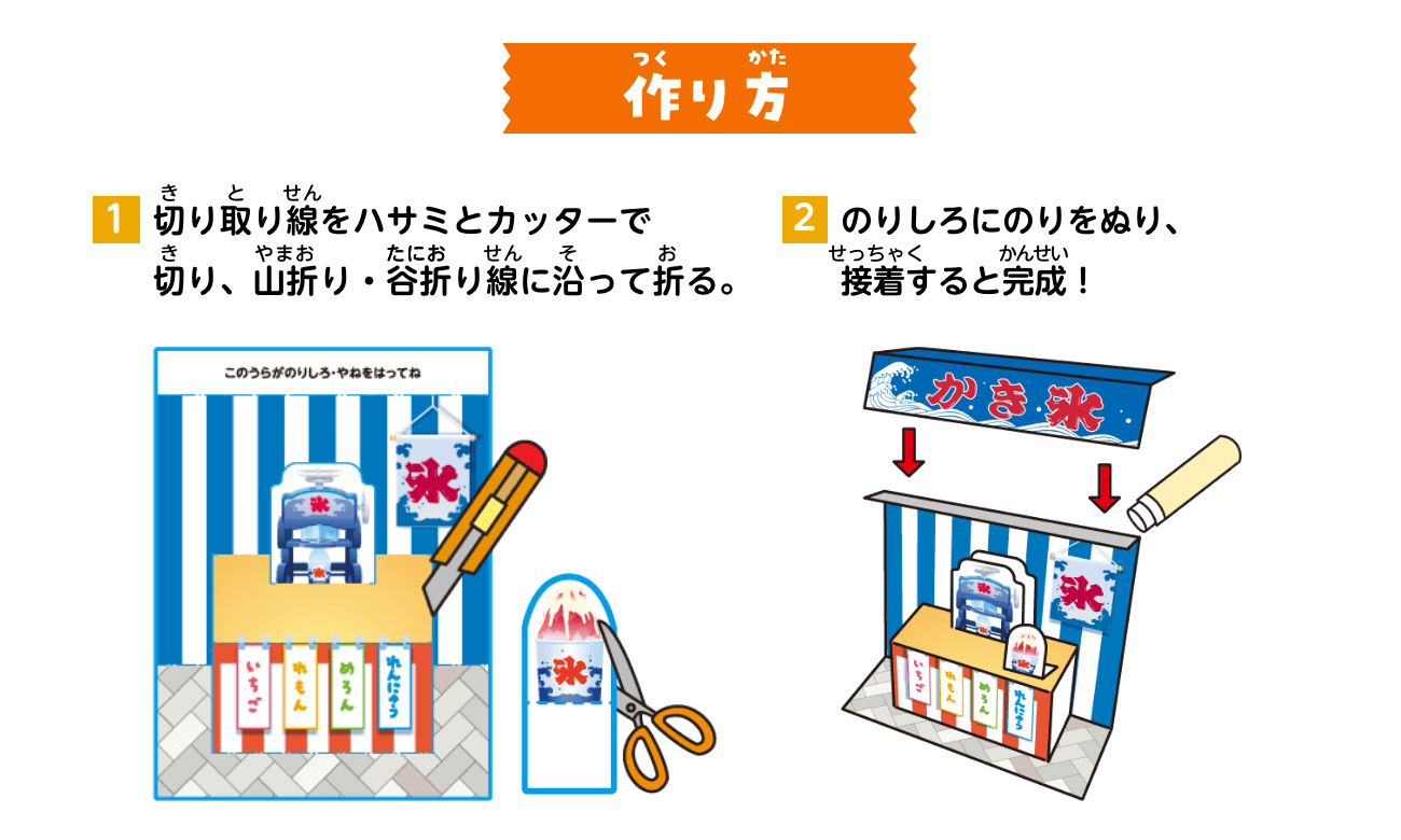 作り方：①切り取り線をハサミとカッターで切り、山折り・谷折り線に沿って折る。②のりしろにのりをぬり、接着すると完成！