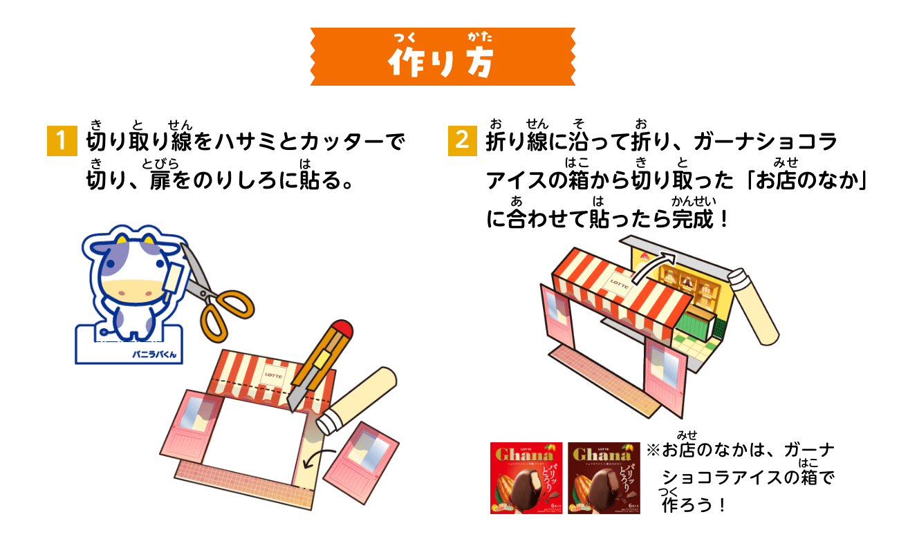 作り方：①切り取り線をハサミとカッターで切り、扉をのりしろに貼る。②折り線に沿って折り、ガーナショコラアイスの箱から切り取った「お店のなか」に合わせて貼ったら完成！
