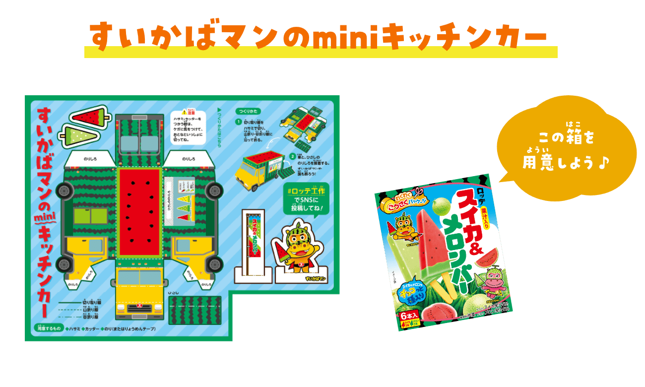 すいかばマンのminiキッチンカー　スイカ&メロンバーの箱を用意しよう♪