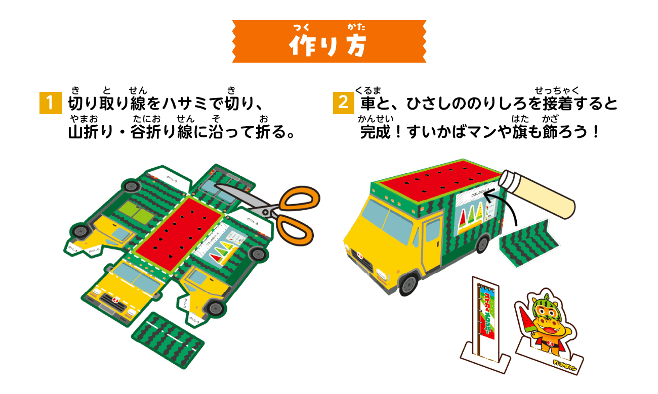 作り方：①切り取り線をハサミで切り、山折り・谷折り線に沿って折る。②車と、ひさしののりしろを接着すると完成！すいかばマンや旗も飾ろう！