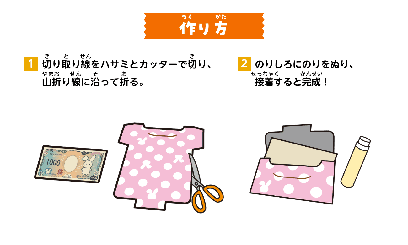 作り方：①切り取り線をハサミとカッターで切り、山折り線に沿って折る。②のりしろにのりをぬり、接着すると完成！