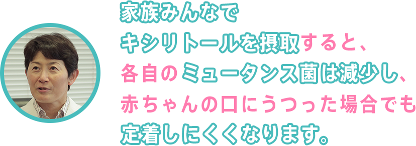 家族みんなでキシリトールを摂取すると、各自のミュータンス菌は減少し、赤ちゃんの口にうつった場合でも定着しにくくなります。