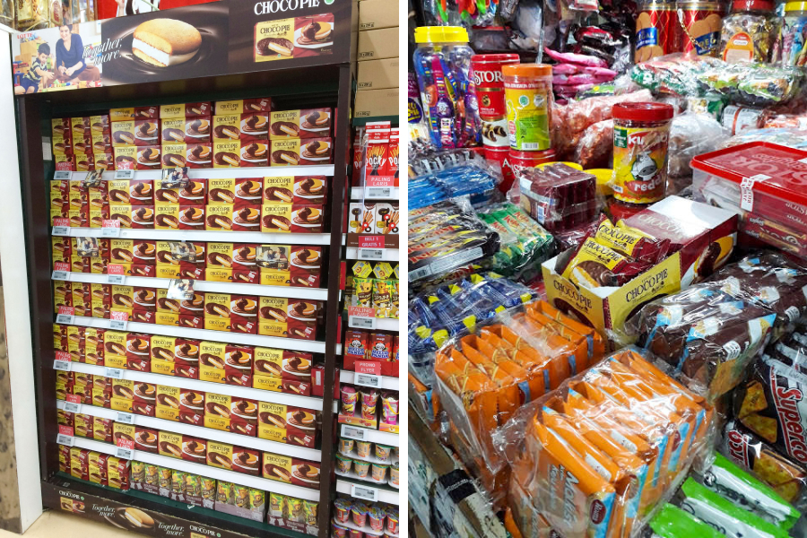 スーパーマーケットなどの近代流通（左）や、パパママショップのような伝統流通で販売