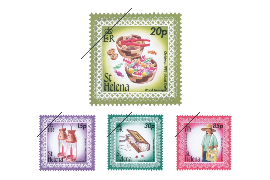 1998年にセントヘレナが発行した、島の工芸品を取り上げた切手。キャンディとクルミを盛り付けた木の器（20ペンス）、金工品（15ペンス）、木工細工（30ペンス）、ヘシアンクロス（85ペンス）の4種セット