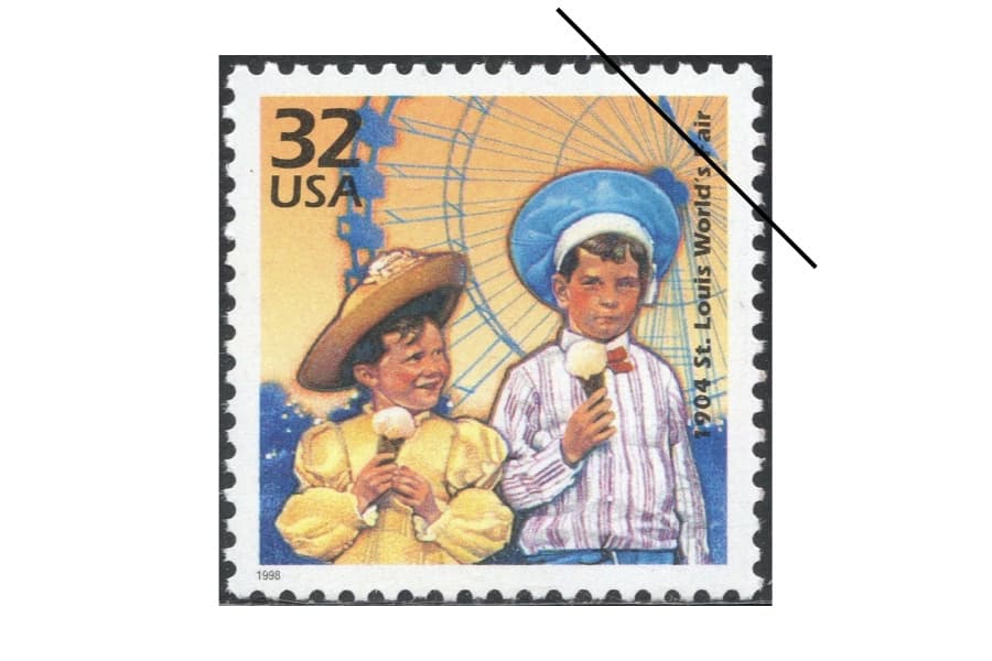 1998年に米国で発行された20世紀シリーズ（1900年代）のシートと、その中の“セントルイス万博”を取り上げた1枚