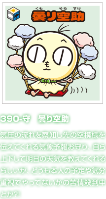 390-守　曇り空助 気圧の流れを察知し先の空模様を伝えてくれる気象予報お守り。自ら上下して明日の天気を教えてくれるらしいが、どうも本人の予定や気分重視でやってないかの苦情殺到中とか?!