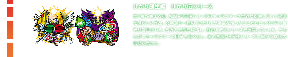 ひかり創生編　ひかり伝シリーズ 第１弾が始まる前、悪魔VS天使シリーズのキャラクターや世界が誕生していく起源を明かした作品。文字通り一瞬の「ひかり」が宇宙を走ったことからビックリマン世界が創生される。各弾で未層を漂流し、舞台を変えシリーズを展開していった。そのたびにキャラクターの因子も転々とし、後の悪魔VS天使シリーズに繋がる進化の形態を見せた。