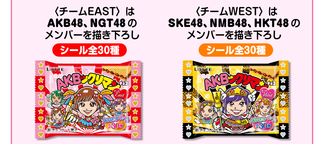 ＜チームＥＡＳＴ＞はＡＫＢ４８、ＮＧＴ４８のメンバーを描き下ろしシール全30種　＜チームＷＥＳＴ＞はＳＫＥ４８、ＮＭＢ４８、HKT４８のメンバーを描き下ろしシール全30種