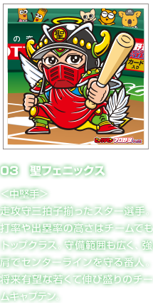 03　聖フェニックス ＜中堅手＞走攻守三拍子揃ったスター選手。打率や出塁率の高さはチームでもトップクラス。守備範囲も広く、強肩でセンターラインを守る番人。将来有望な若くて伸び盛りのチームキャプテン。