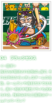 04　ブラックゼウス ＜一塁手＞長打力が期待される飛ばし屋で、それ以外はからっきしなチームの主砲。ホームランや長打だけではなく、遠くへ飛ばす犠牲フライも求められる。残念ながら三振数はチームナンバーワン？