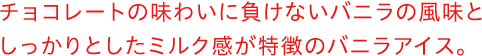 チョコレートの味わいに負けないバニラの風味としっかりとしたミルク感が特徴のバニラアイス。