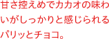 甘さ控えめでカカオの味わいがしっかりと感じられるなめらかな口どけチョコ。