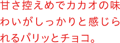 甘さ控えめでカカオの味わいがしっかりと感じられるなめらかな口どけチョコ。