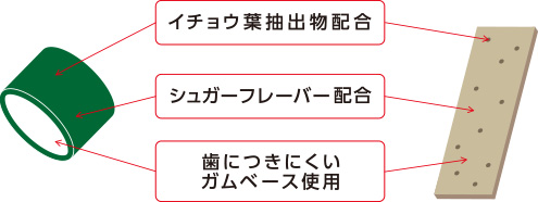 イチョウ葉抽出物配合　シュガーフレーバー配合　歯につきにくいガムベース使用