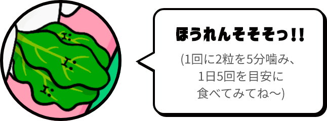 ほうれんそそそっ!!（1回に2粒を5分噛み、1日5回を目安に食べてみてね～）