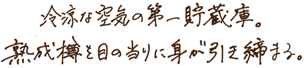 冷涼な空気の第一貯蔵庫。熟成樽を目の前に身が引き締まる。